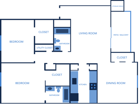 Floor plan for 2 beds, 2 baths, 1135 sqft